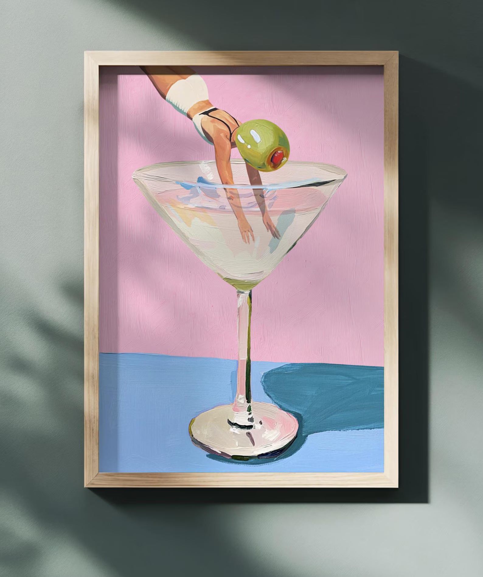 Playful Martini Olive Girl Diving into Cocktail Glass Bar Art Print - Fun Kitchen Wall Decor