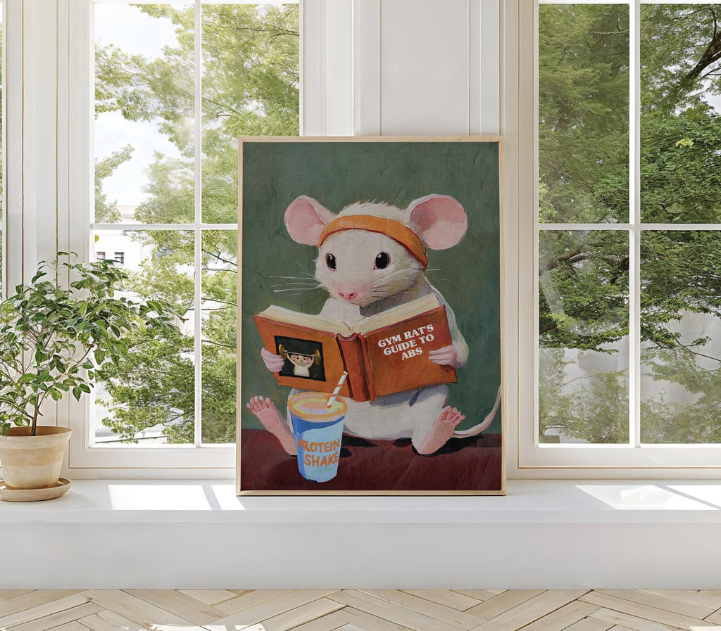 Whimsical Gym Rat's Guide to Abs - Funny Animal Fitness Art Print for Home Workout Motivation
