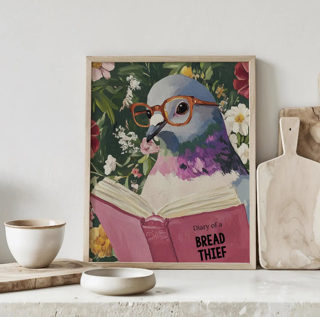 Quirky Pigeon Reading Art Print - Humorous Kitchen & Bathroom Decor, Trendy Animal Poster