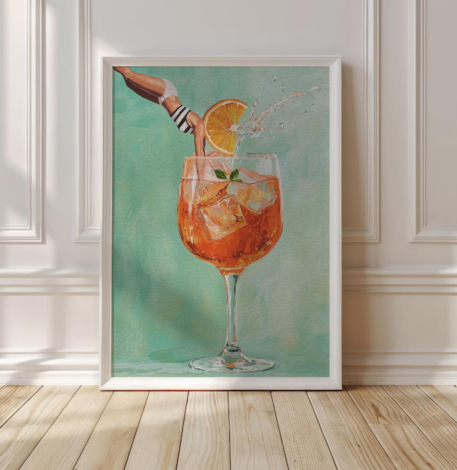 Vibrant Aperol Spritz Retro Art Print: Bar Decor Cocktail Poster with Jumping Girl