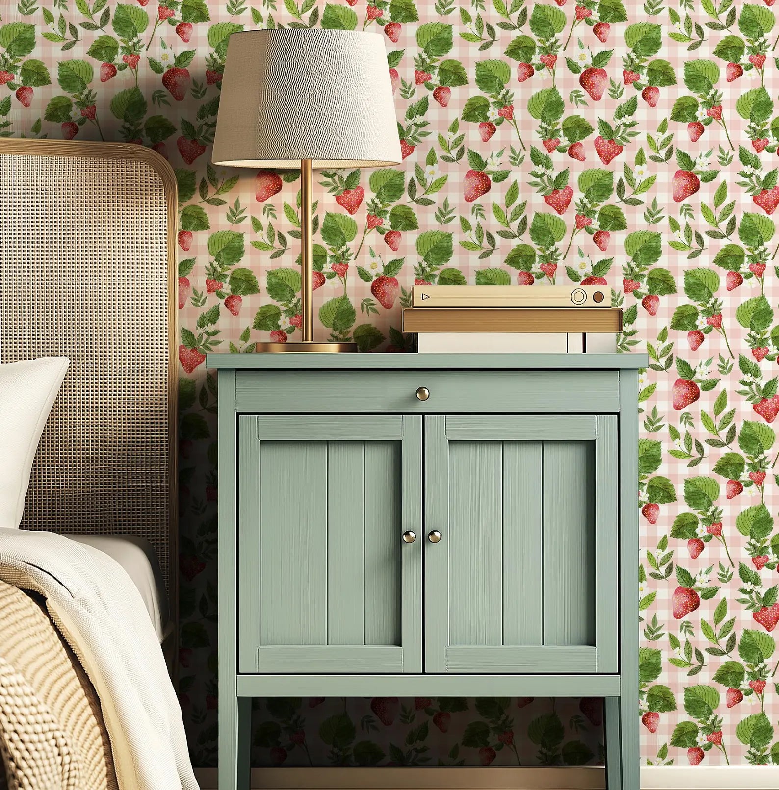 Strawberry Pink Gingham Floral Wallpaper - Small