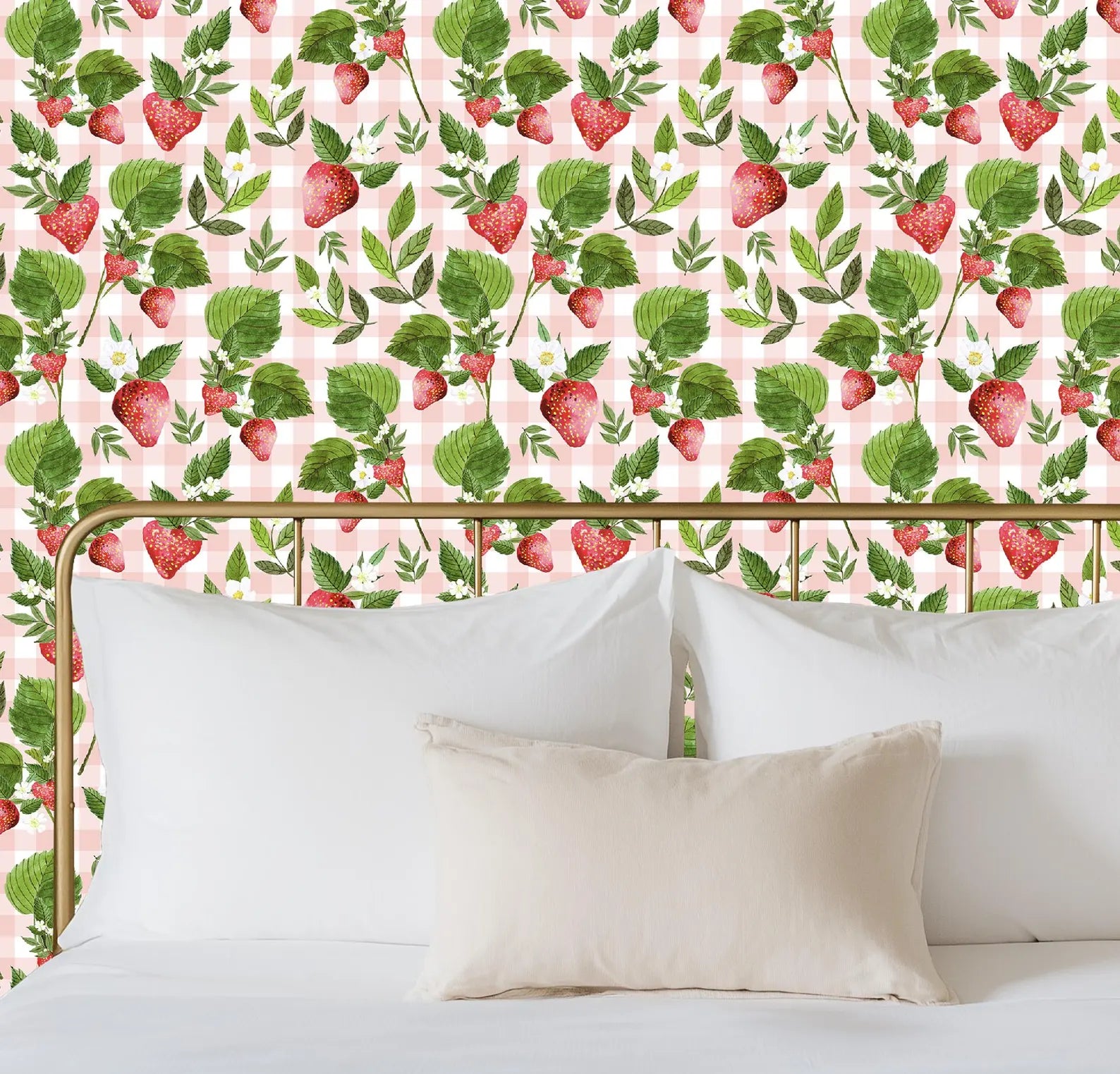 Strawberry Pink Gingham Floral Wallpaper - Small