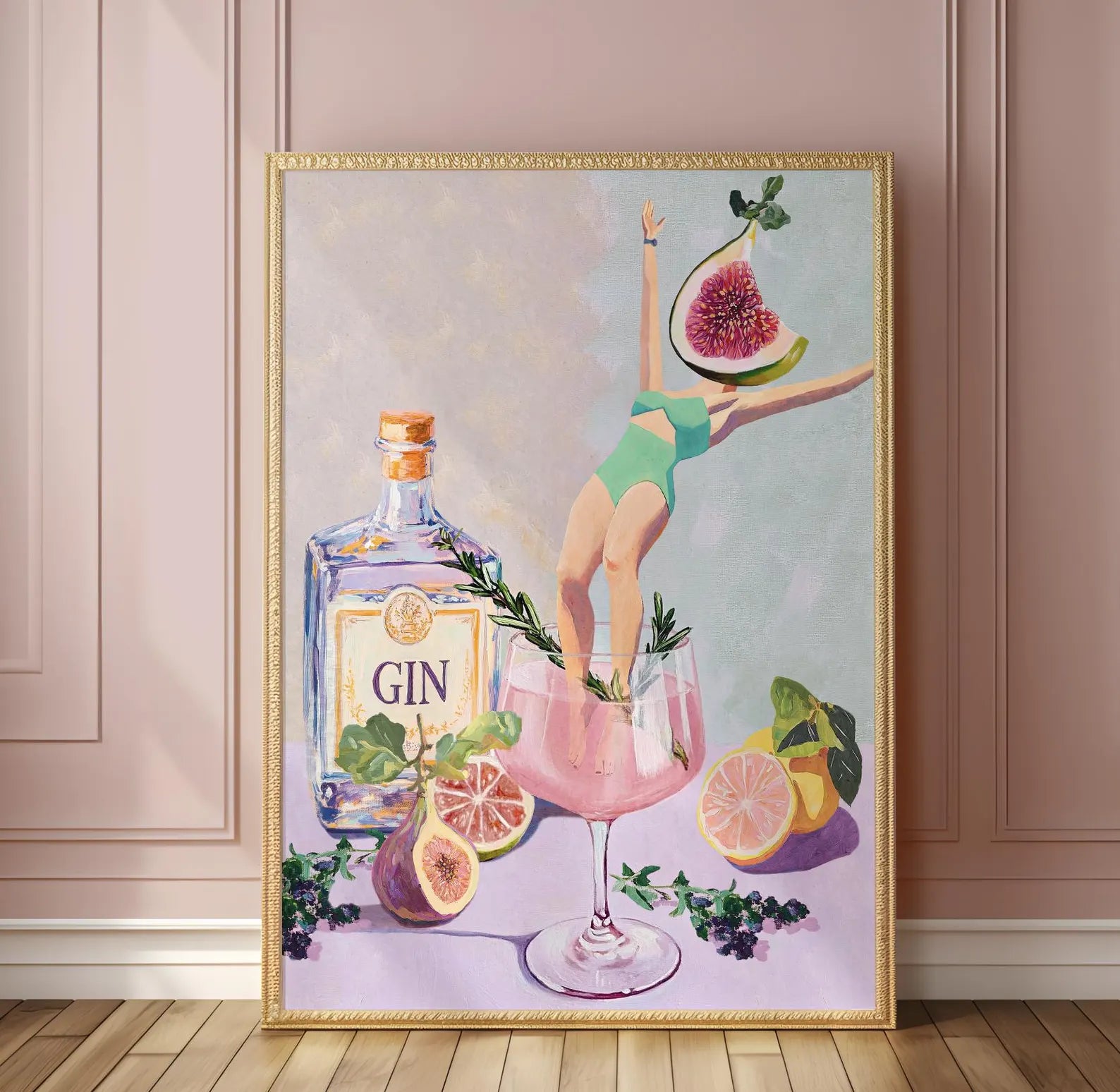 Elegant Fig Rosemary Cocktail Art Print | Aesthetic Bar Wall Decor | Mixology Gift | Classy Drink Poster