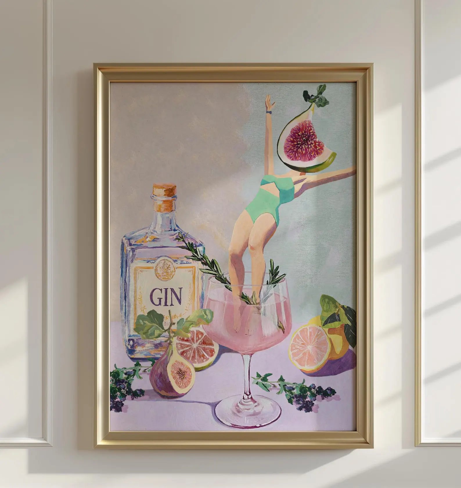 Elegant Fig Rosemary Cocktail Art Print | Aesthetic Bar Wall Decor | Mixology Gift | Classy Drink Poster