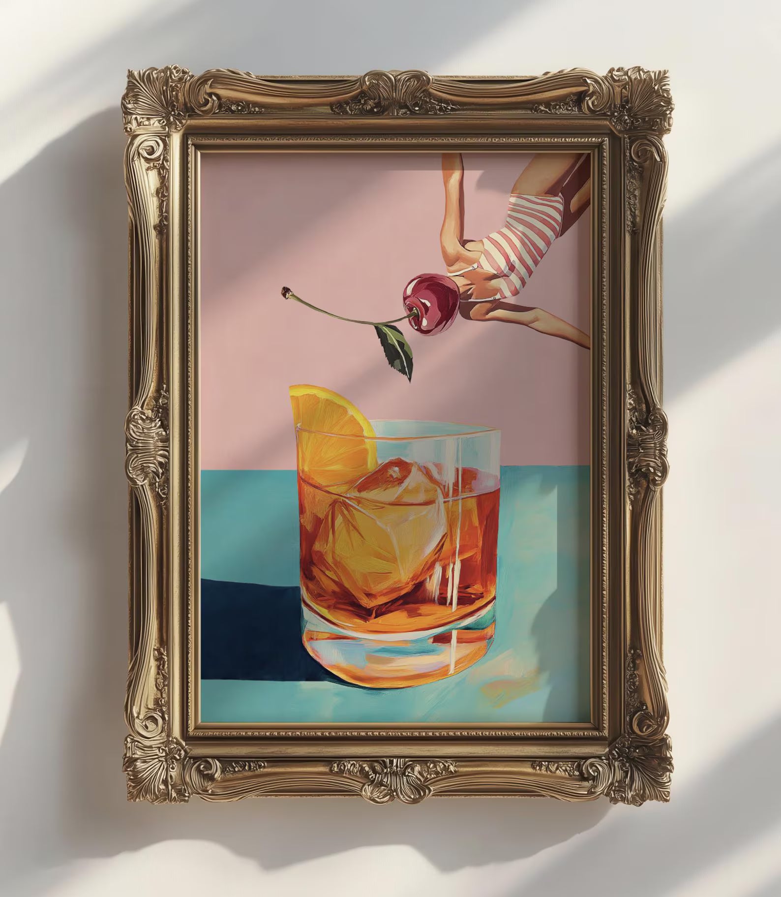 Retro Bar Poster: Girl Diving into Cocktail - Vintage Aesthetic Print for Home & Bar Decor