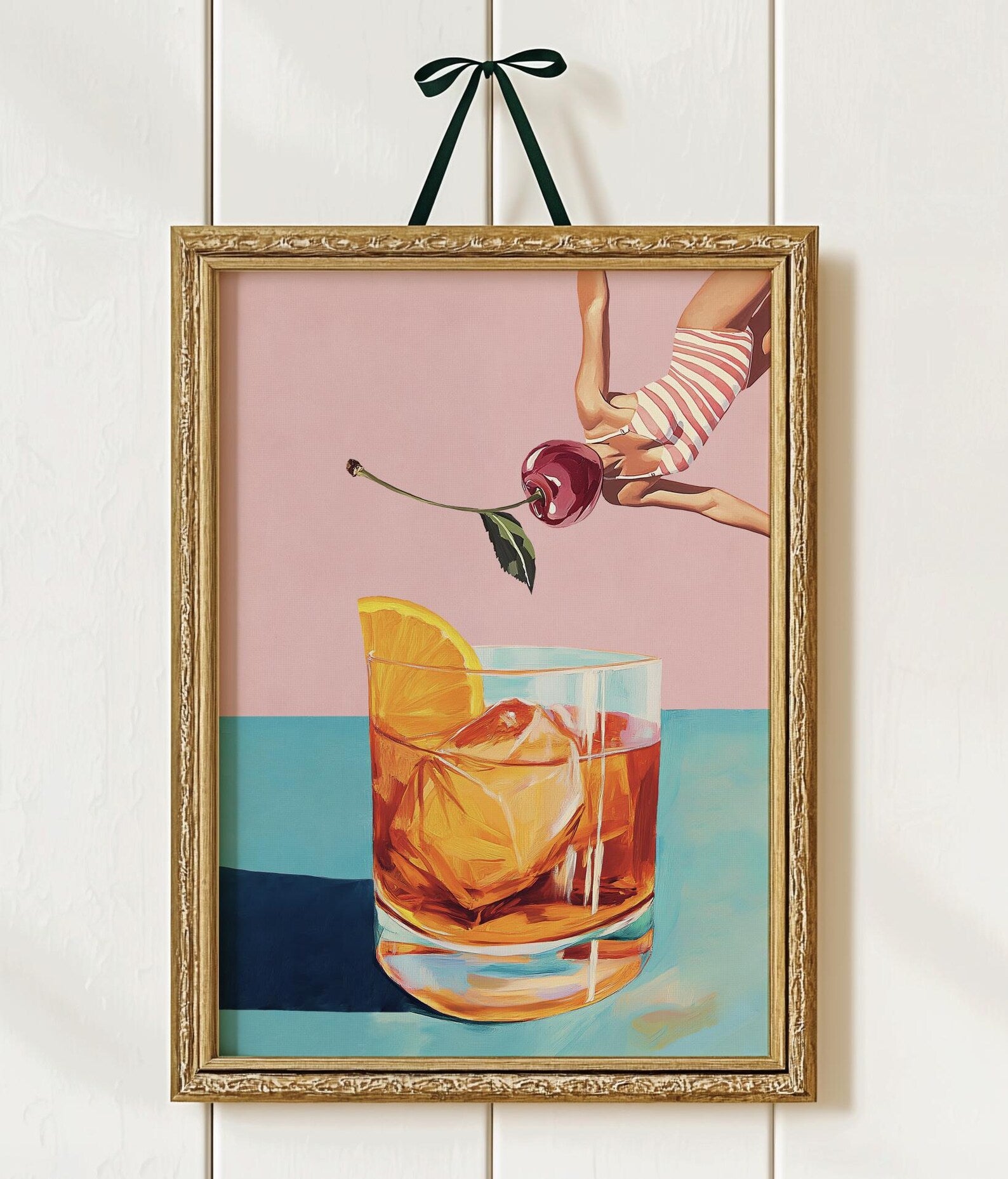 Retro Bar Poster: Girl Diving into Cocktail - Vintage Aesthetic Print for Home & Bar Decor
