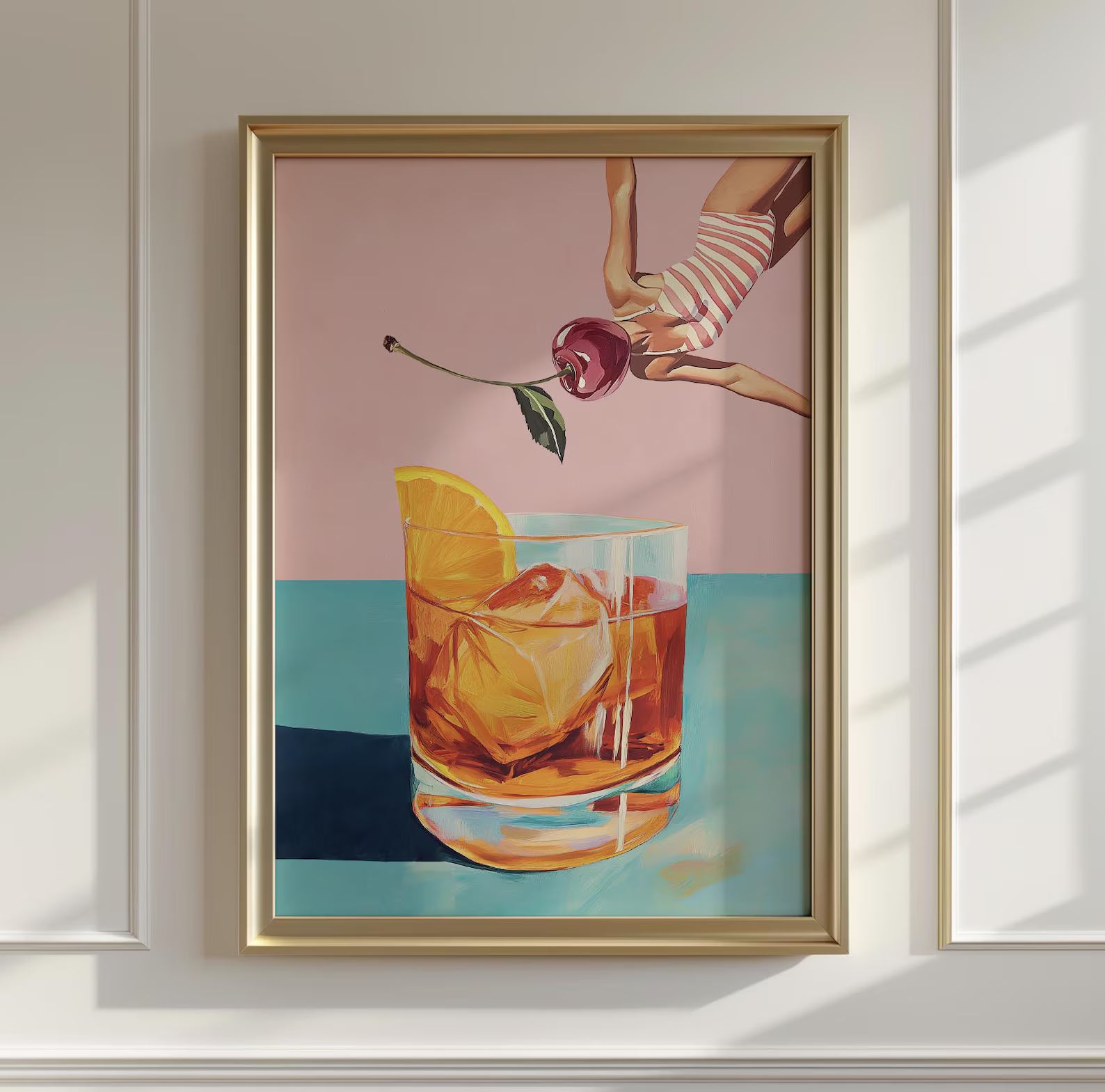 Retro Bar Poster: Girl Diving into Cocktail - Vintage Aesthetic Print for Home & Bar Decor