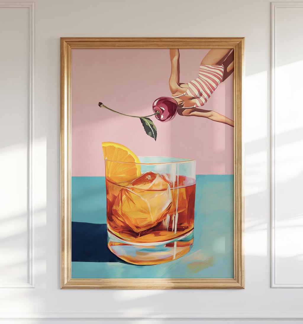 Retro Bar Poster: Girl Diving into Cocktail - Vintage Aesthetic Print for Home & Bar Decor