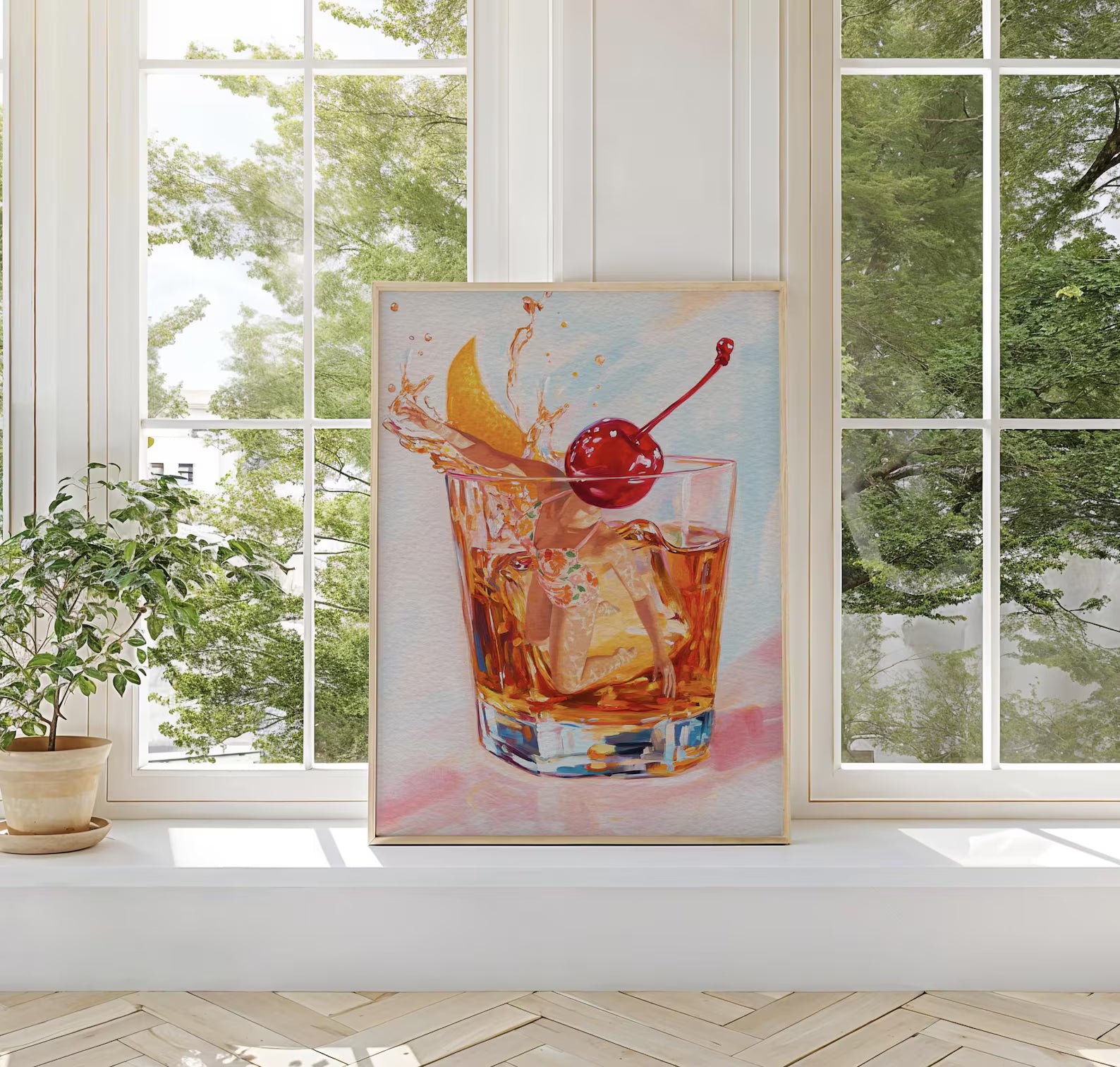 Retro Bar Scene Poster: Old Fashioned Cocktail Art Print for Home, Kitchen & Bar Decor