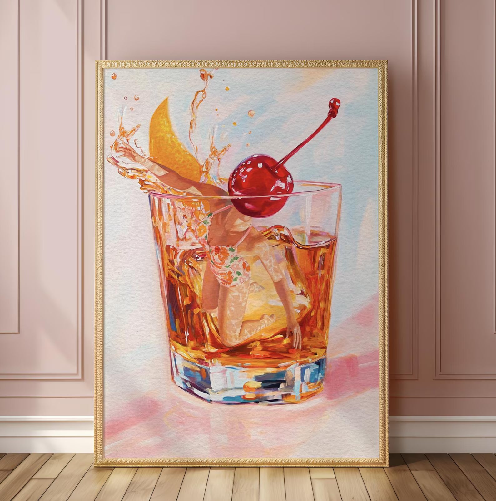 Retro Bar Scene Poster: Old Fashioned Cocktail Art Print for Home, Kitchen & Bar Decor