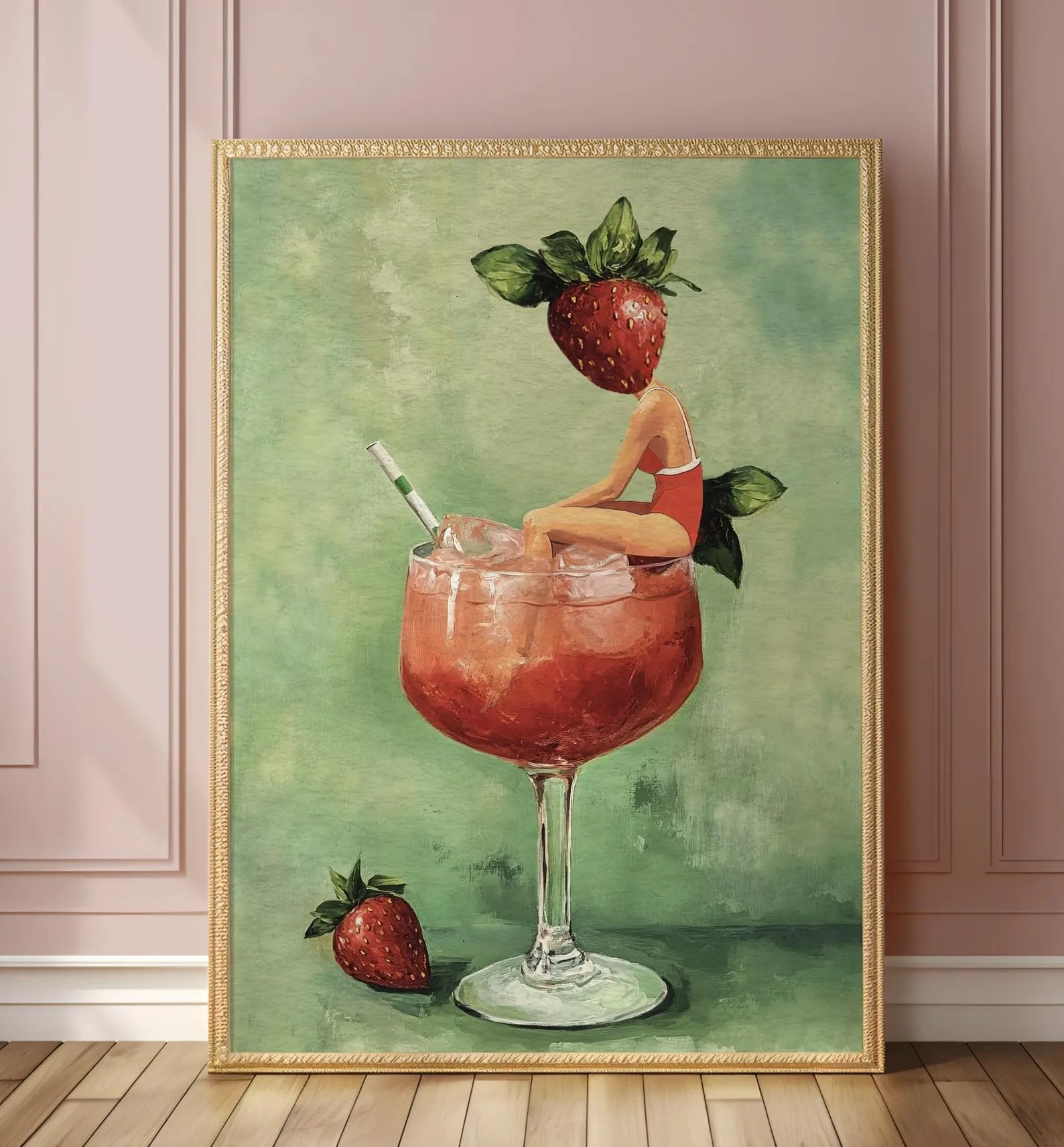 Strawberry Daiquiri Cocktail Bar Art Print - Vibrant Martini Girl Poster for Kitchen & Home Decor