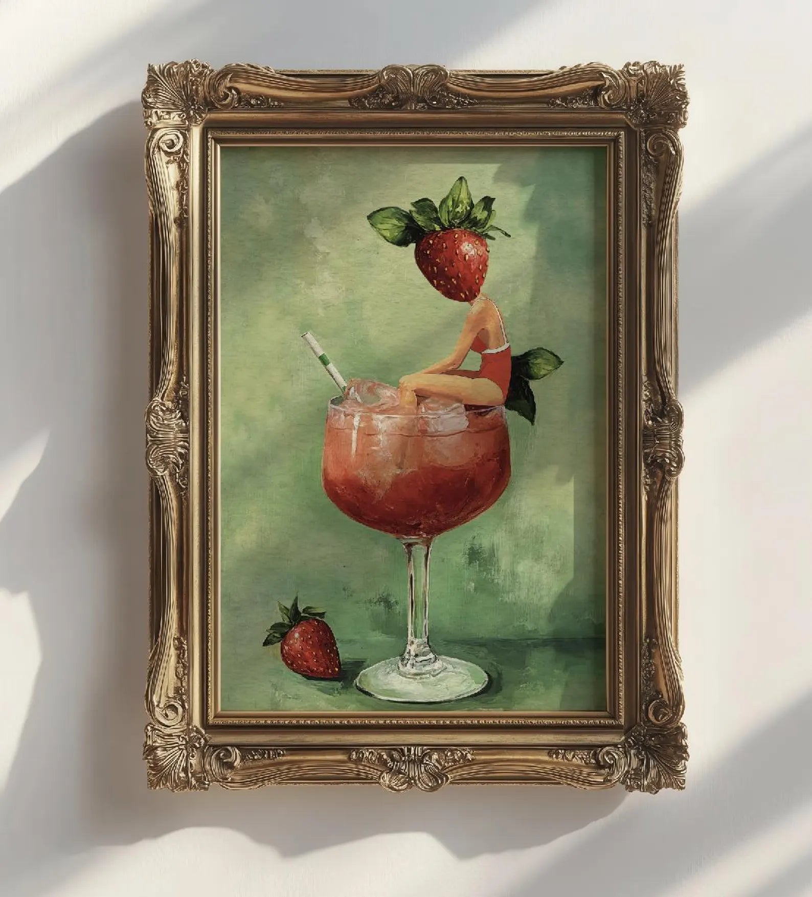Strawberry Daiquiri Cocktail Bar Art Print - Vibrant Martini Girl Poster for Kitchen & Home Decor