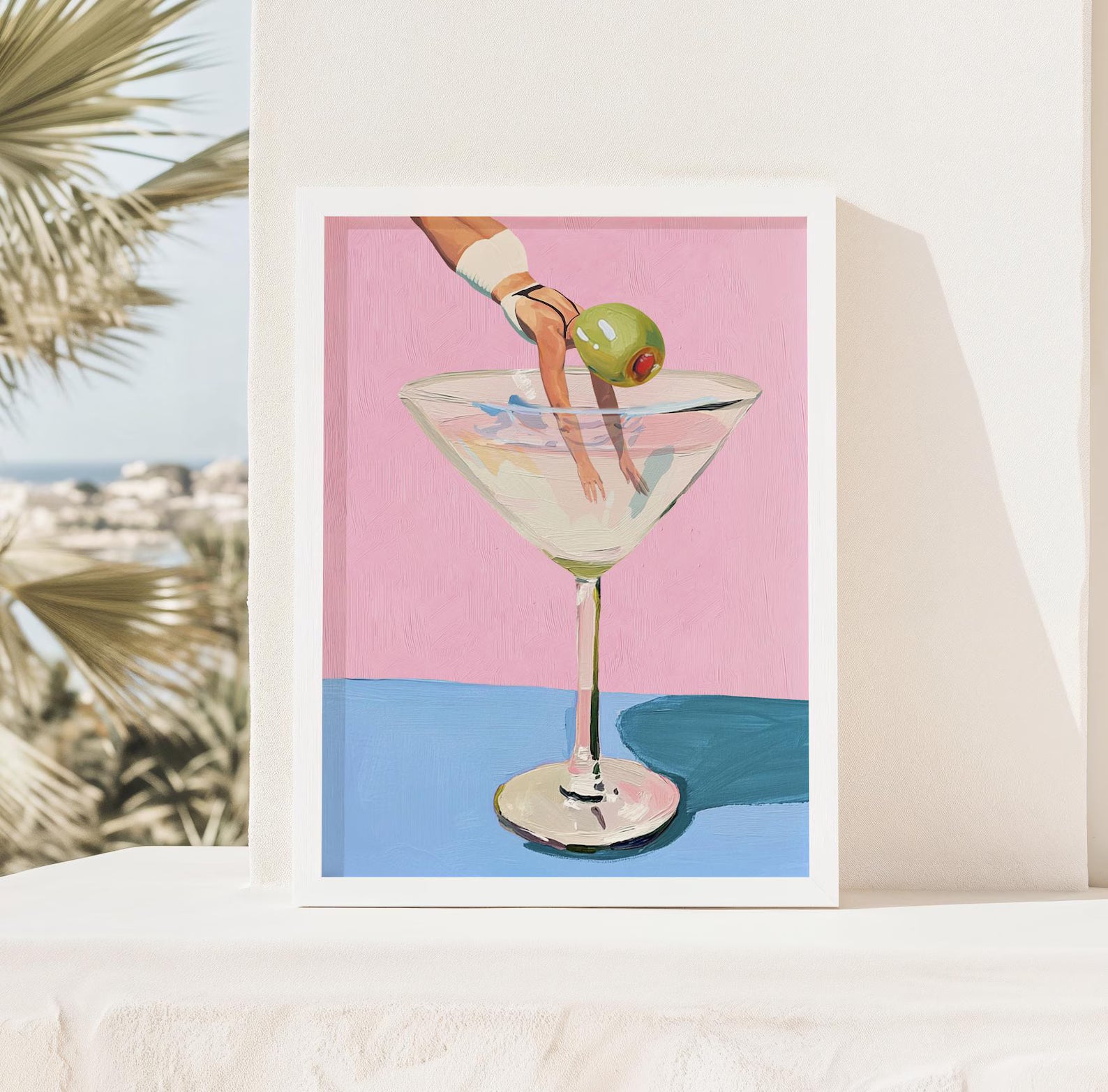 Playful Martini Olive Girl Diving into Cocktail Glass Bar Art Print - Fun Kitchen Wall Decor