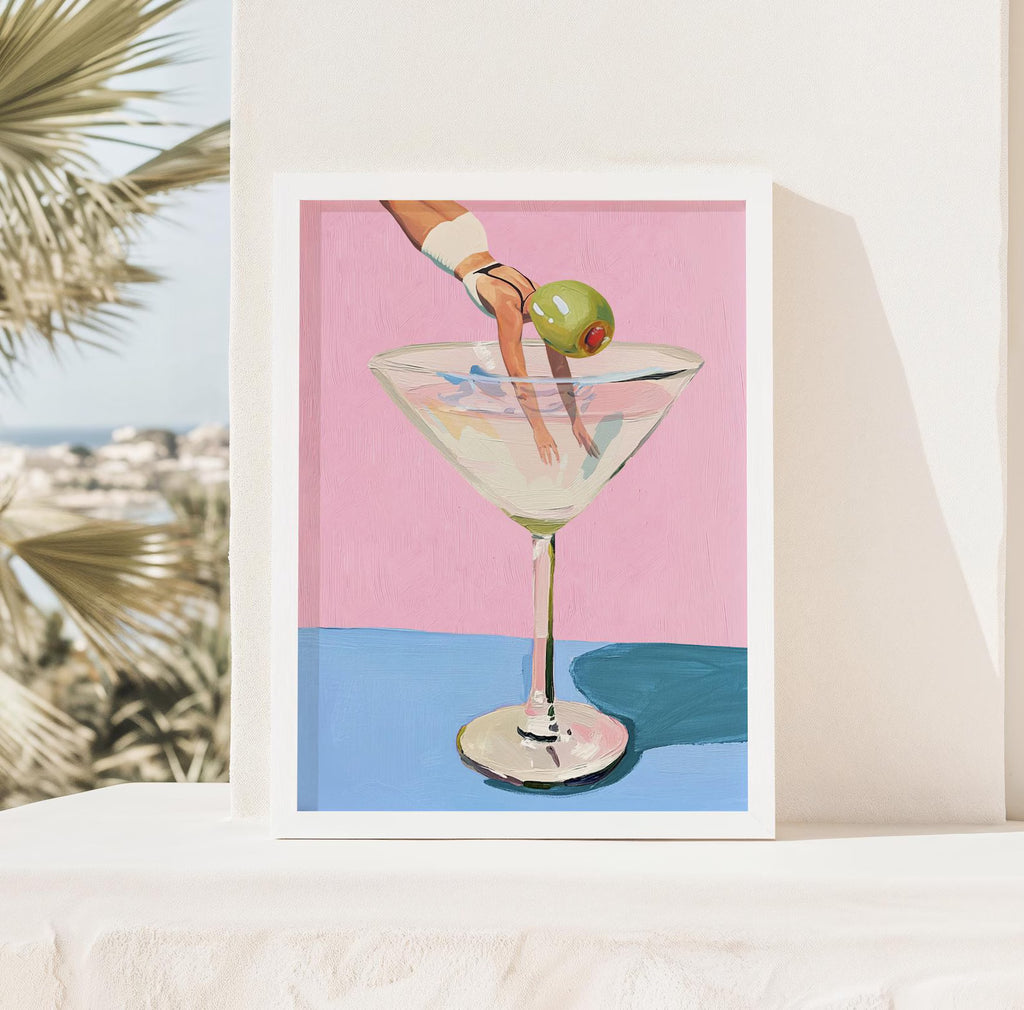 Whimsical Martini Olive Girl Dive Large Art Print - 24x36 Bar Decor Cocktail Poster Fun Home Accent