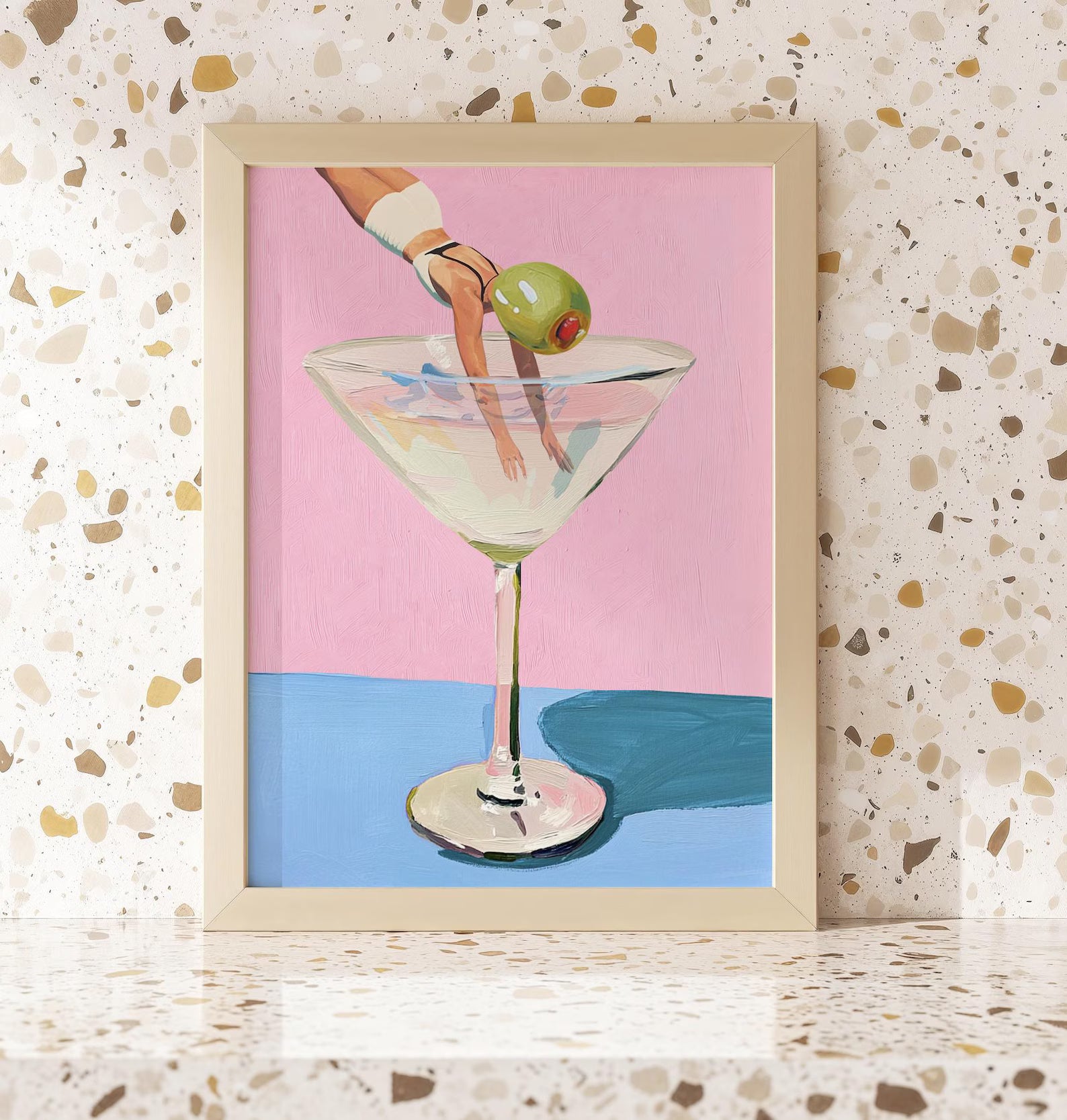 Playful Martini Olive Girl Diving into Cocktail Glass Bar Art Print - Fun Kitchen Wall Decor