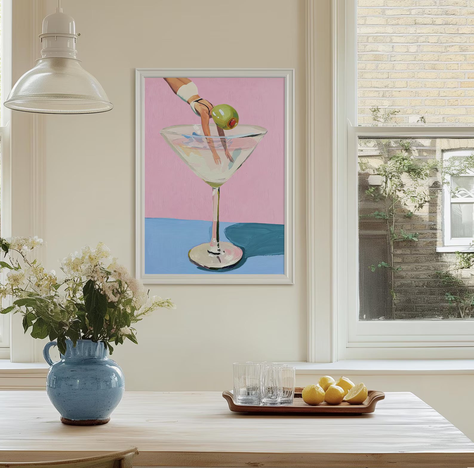 Whimsical Martini Olive Girl Dive Large Art Print - 24x36 Bar Decor Cocktail Poster Fun Home Accent