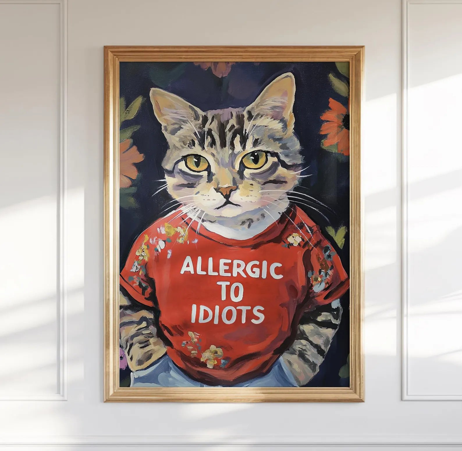Sarcastic Cat Lover Wall Art: Allergic to Idiots Poster - Funny Kitty Quote Decor Gift