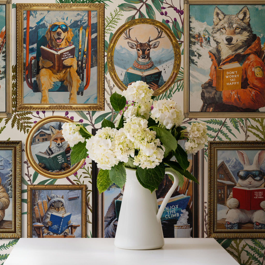 Whimsical Animals Reading Ski Lodge Ivory Wallpaper