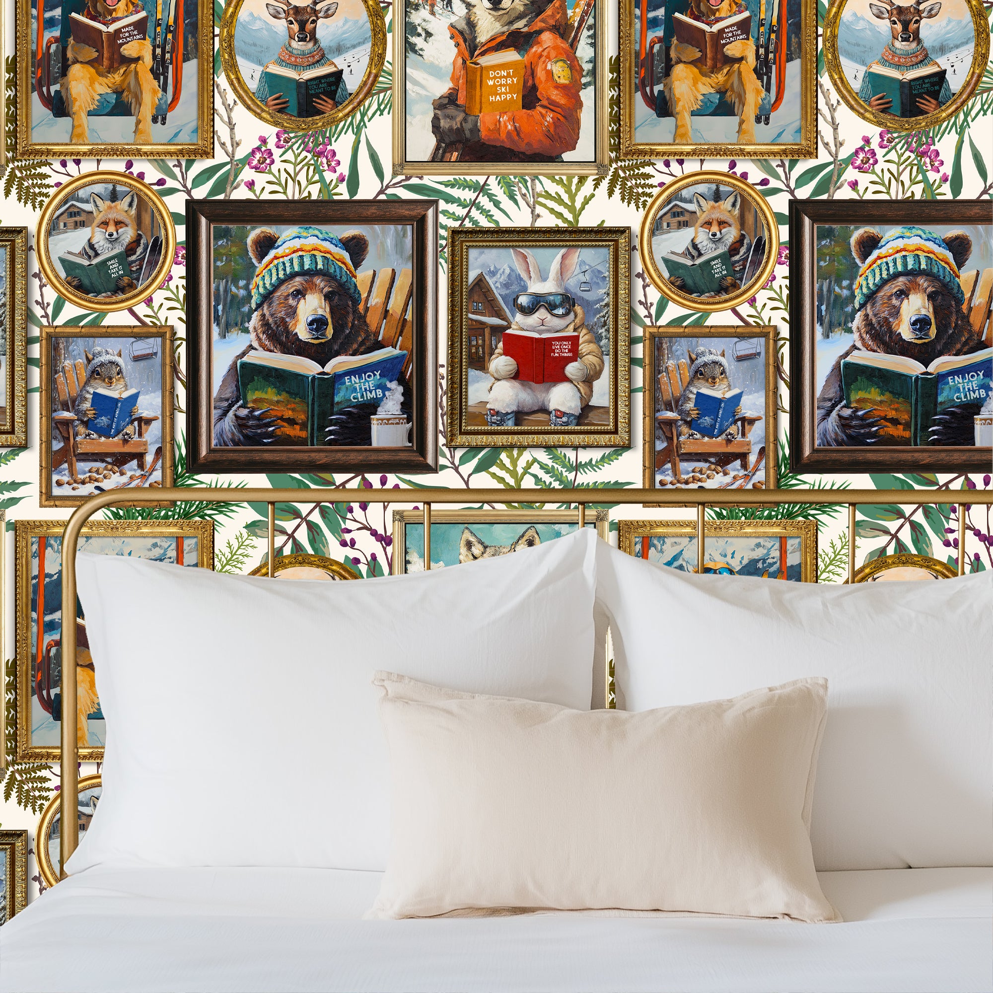 Whimsical Animals Reading Ski Lodge Ivory Wallpaper