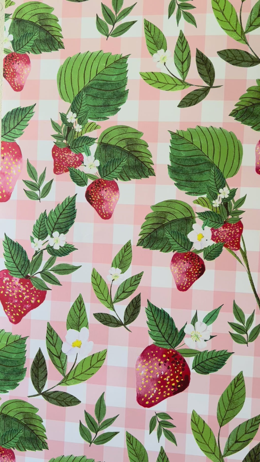 Strawberry Pink Gingham Floral Wallpaper - Small