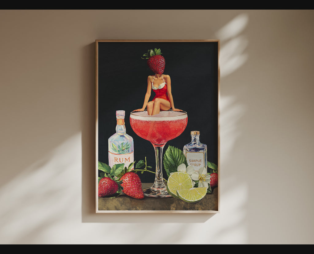 Strawberry Cocktail Girl Retro Wall Art – Vintage Pink Cocktail Poster, Surreal Bar Cart Decor, Funny Art Print, Girly Home Decor