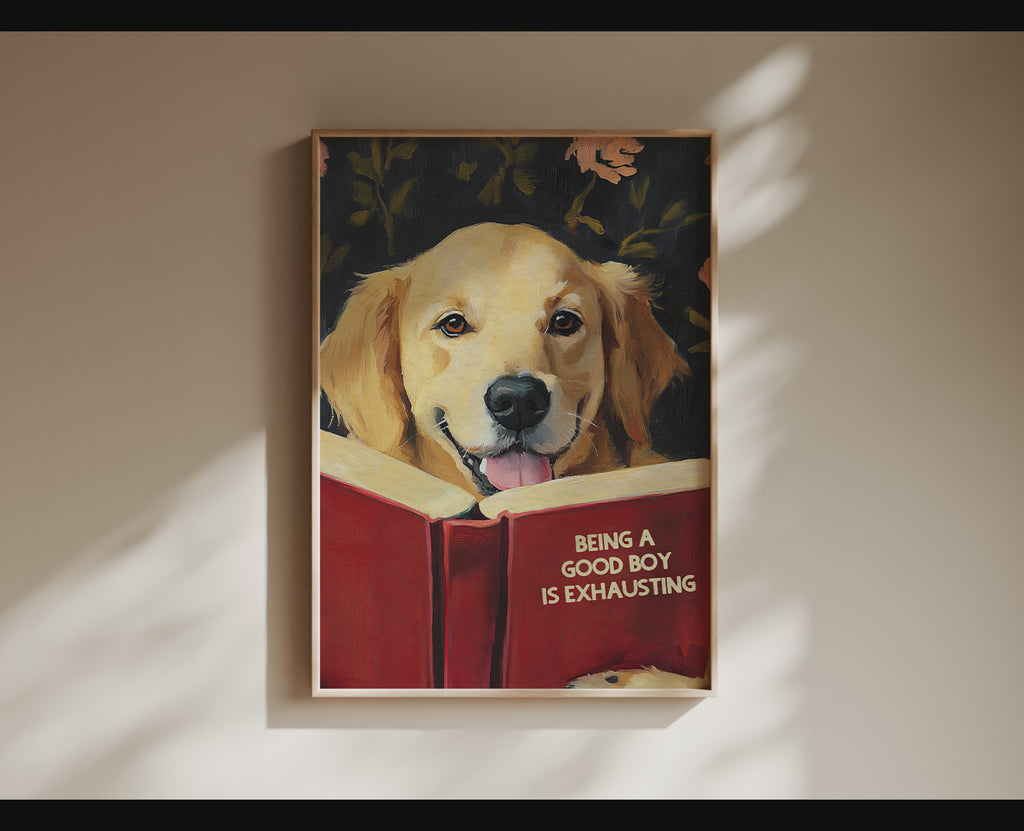Whimsical Golden Retriever Dog Reading Book Art Print - Funny Pet Wall Decor - Humorous Gift for Animal Lovers
