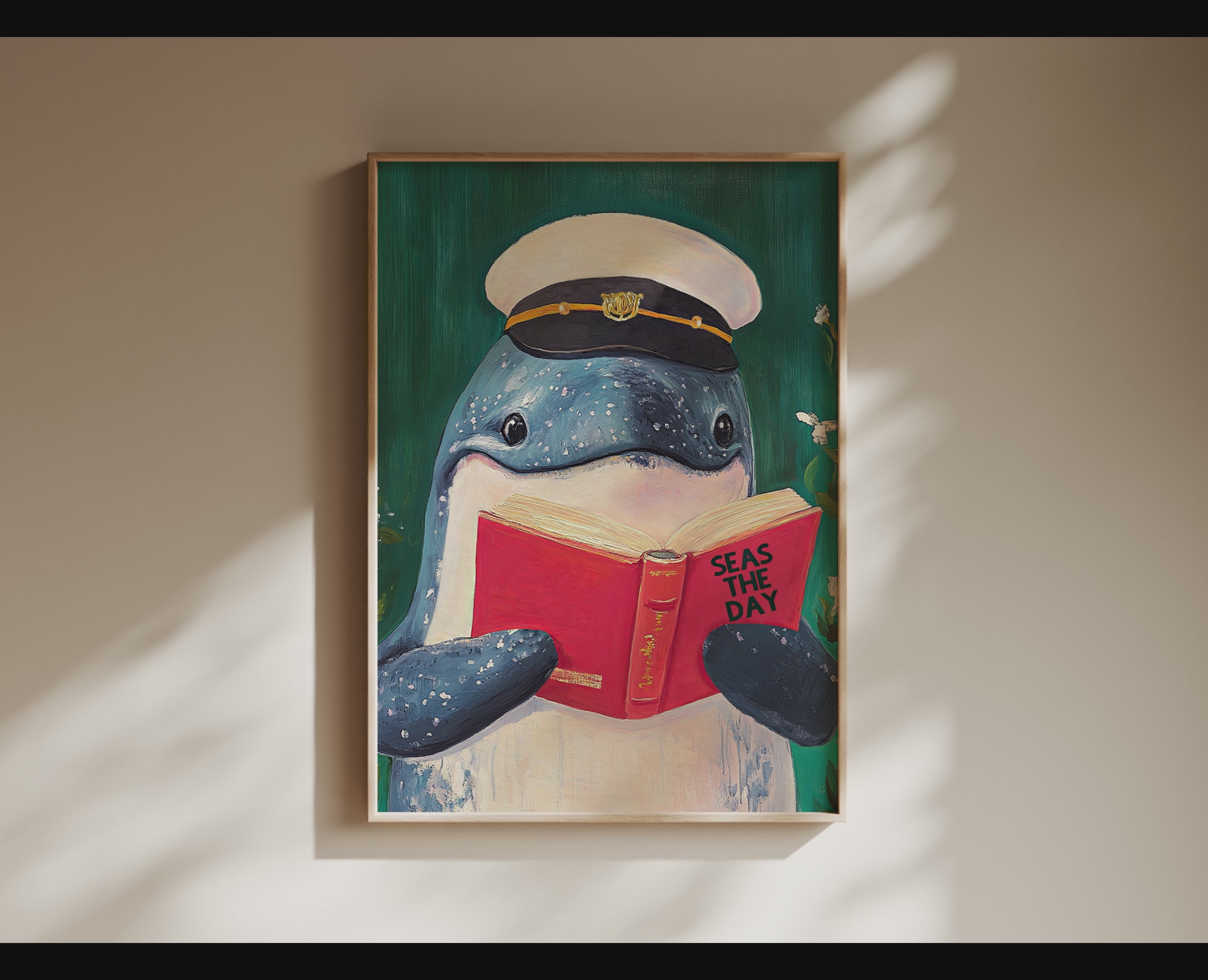 Whale Reading "Seas the Day" Art Print – Funny Literary Wall Decor, Book Lover Gift, Motivational Quote, Nautical Reading Nook Art