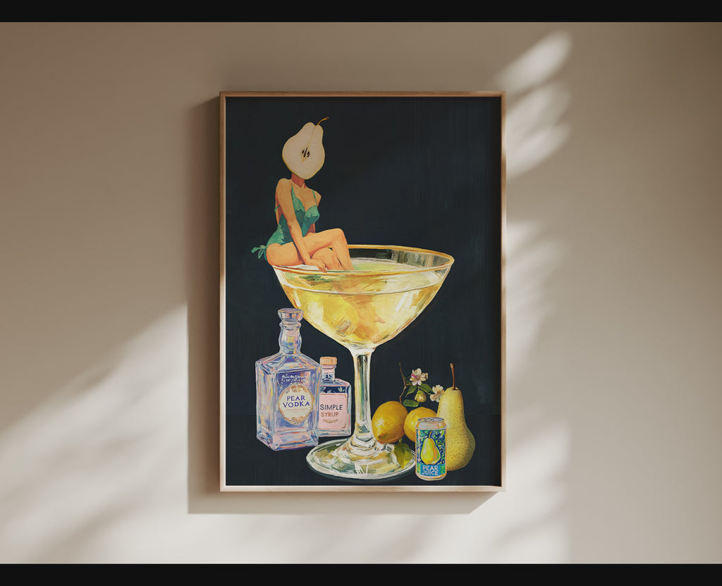 Golden Pear Martini Girl Retro Drink Art Print – Vintage Cocktail Poster, Surreal Bar Cart Decor, Funny Art Print, Girly Home Decor