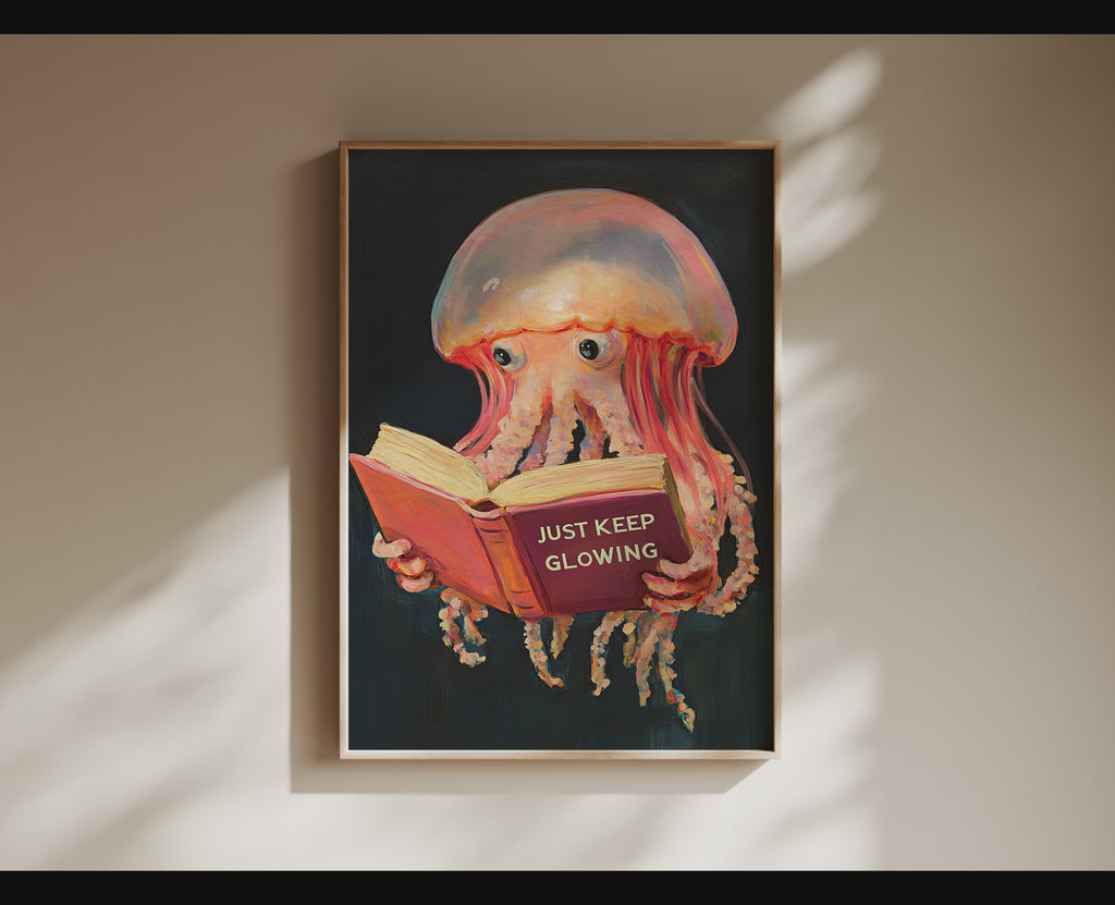 Jellyfish Reading Book Art Print – Funny Literary Sea Creature Wall Decor, Book Lover Gift, Ocean Vibes Home Decor