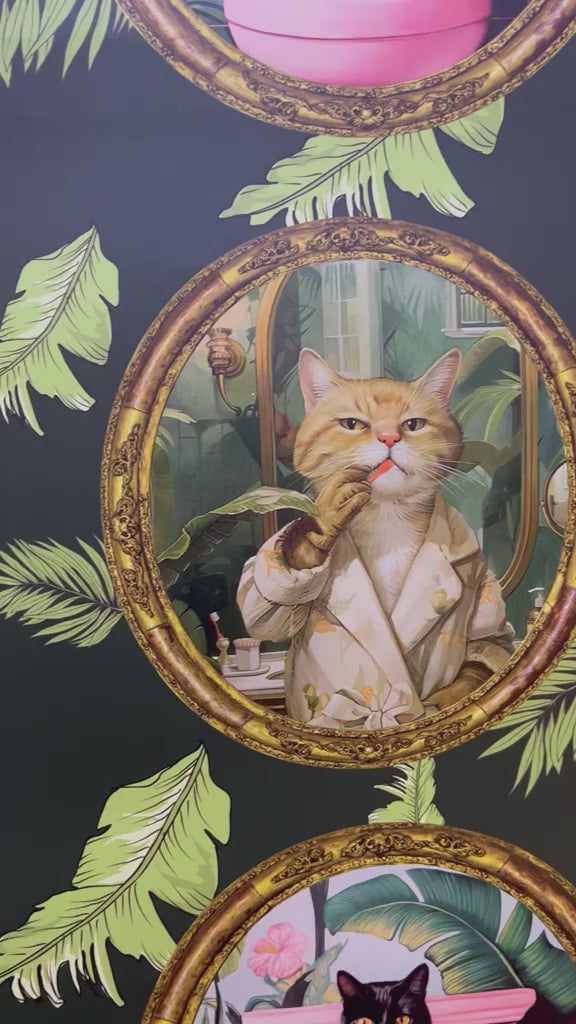 Whimsical Tropical Cat Bathroom Wallpaper - Removable, Peel and Stick, or Traditional Options