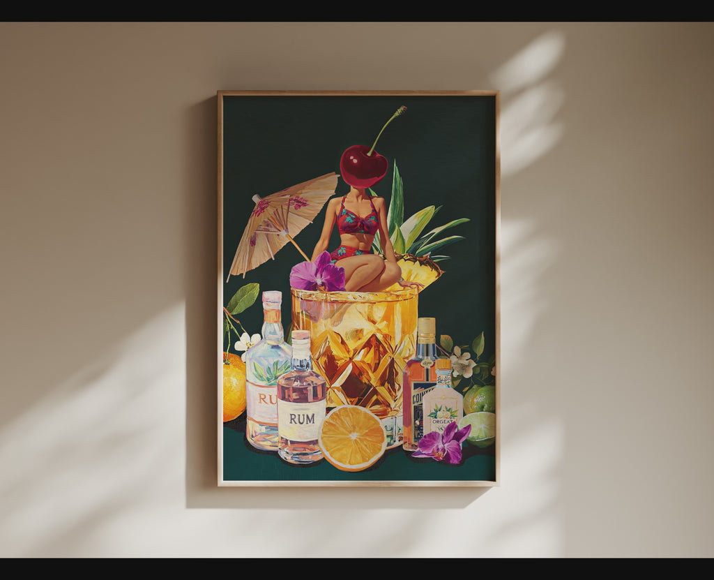Mai Tai Cocktail Girl Art Print – Retro Drink Poster, Surreal Wall Decor, Cherry Head Girl, Tiki Bar Art, Vintage Cocktail Illustration