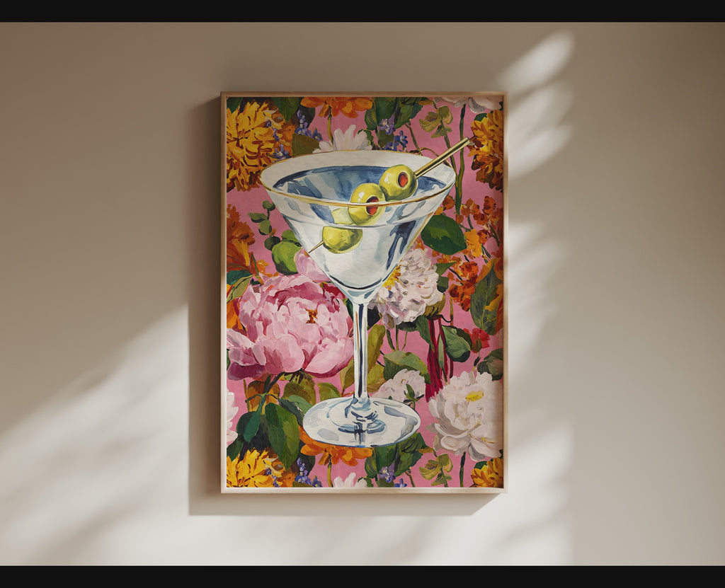 Elegant Floral Dirty Martini Art Print: Feminine Bar Cart Decor, Cocktail Illustration Poster