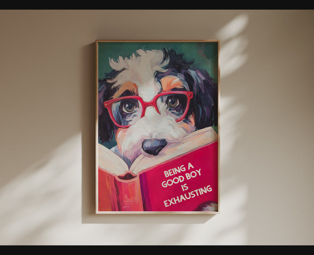 Whimsical Bernedoodle Dog Reading Book Art Print - Funny Pet Wall Decor - Humorous Gift for Animal Lovers