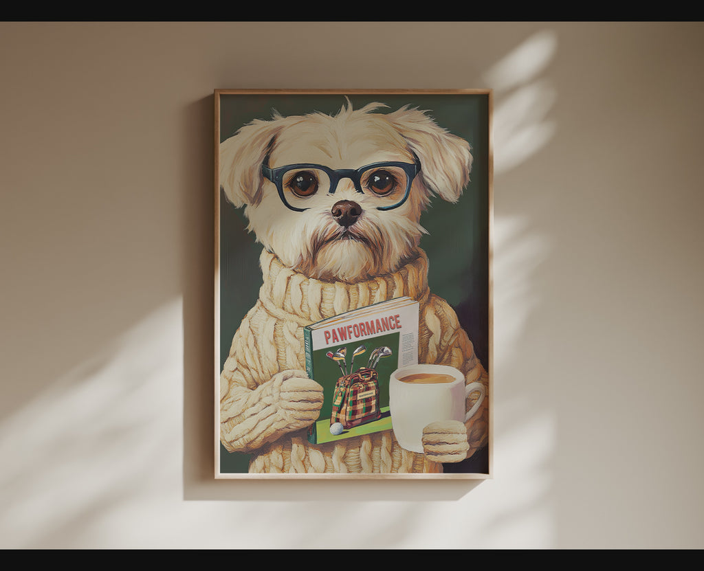 Funny Dog Reading Golf Magazine Art Print – Cute Dog Golf Decor, Animal Book Art, Golf Lover Gift, Quirky Pet Wall Decor