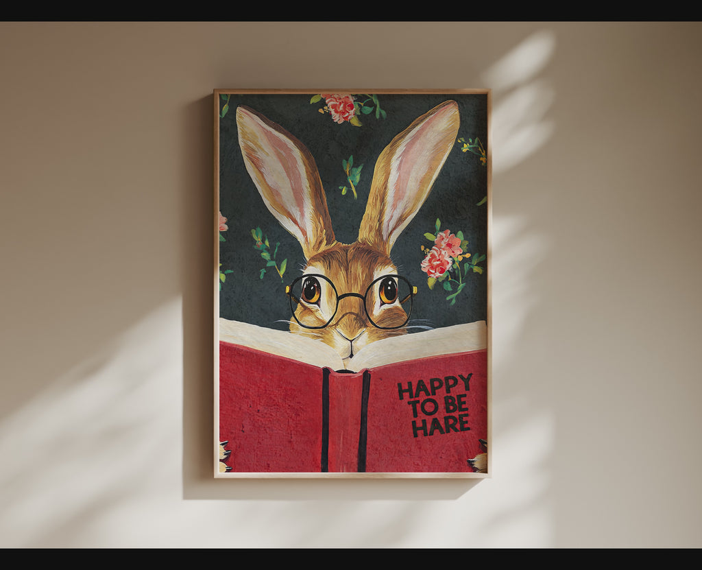 Hare Reading "Happy to be Hare" Art Print – Literary Rabbit Wall Decor, Motivational Quote, Cute Animal Illustration, Book Lover Gift