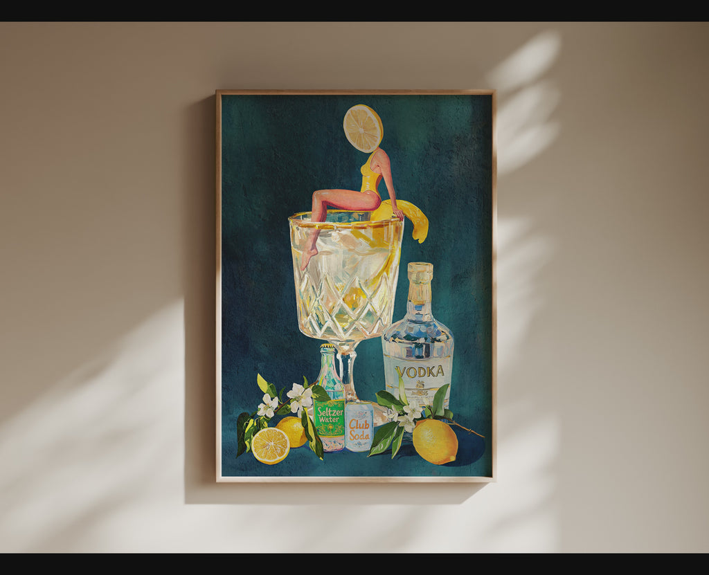 Lemon Vodka Seltzer Art Print: Refreshing Cocktail Wall Poster for Bar Cart & Kitchen Decor