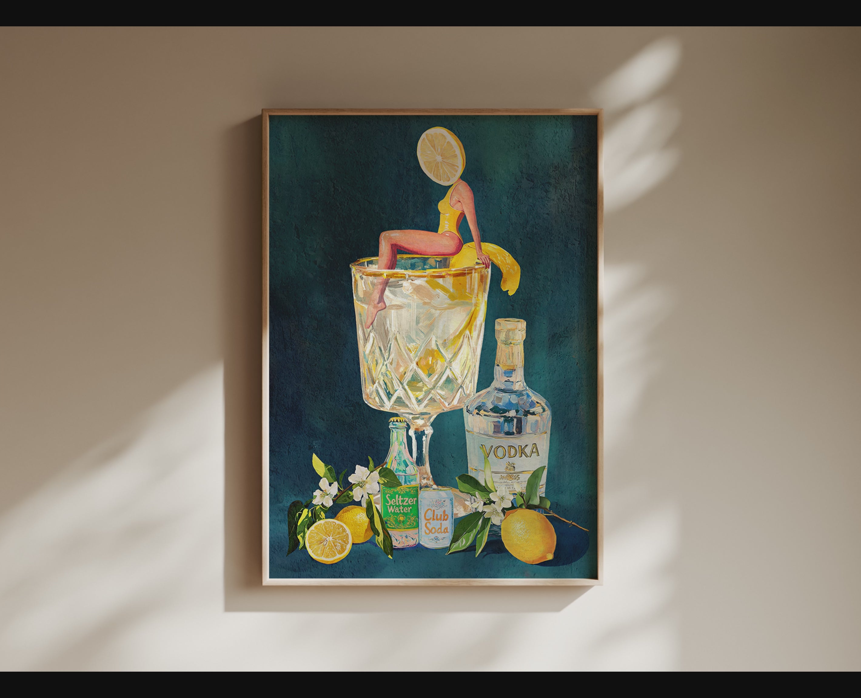 Lemon Vodka Seltzer Art Print: Refreshing Cocktail Wall Poster for Bar Cart & Kitchen Decor