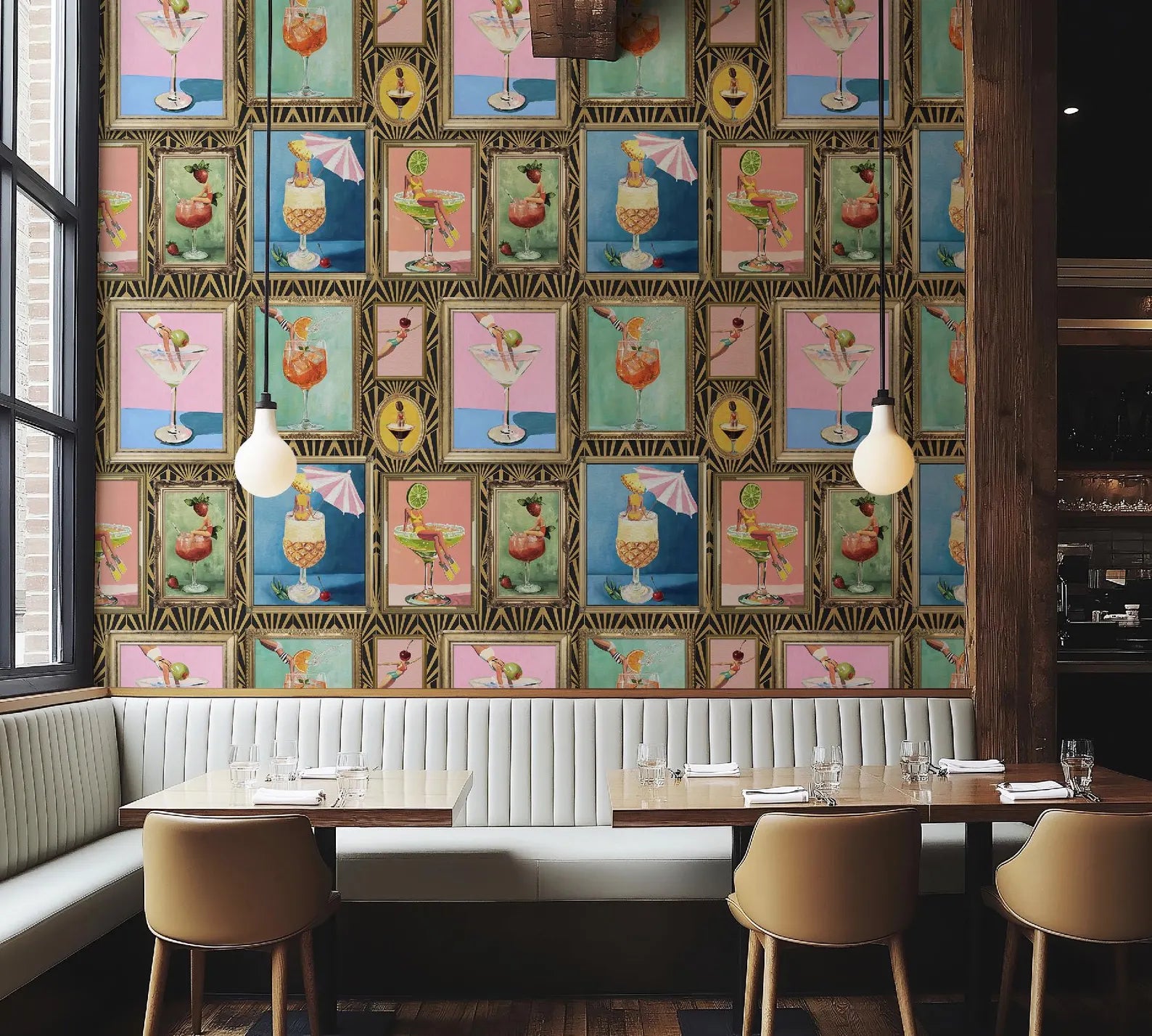 Mid-Century Retro Bar Cocktail Wallpaper: Peel & Stick or Traditional Large Print for Lounge Decor