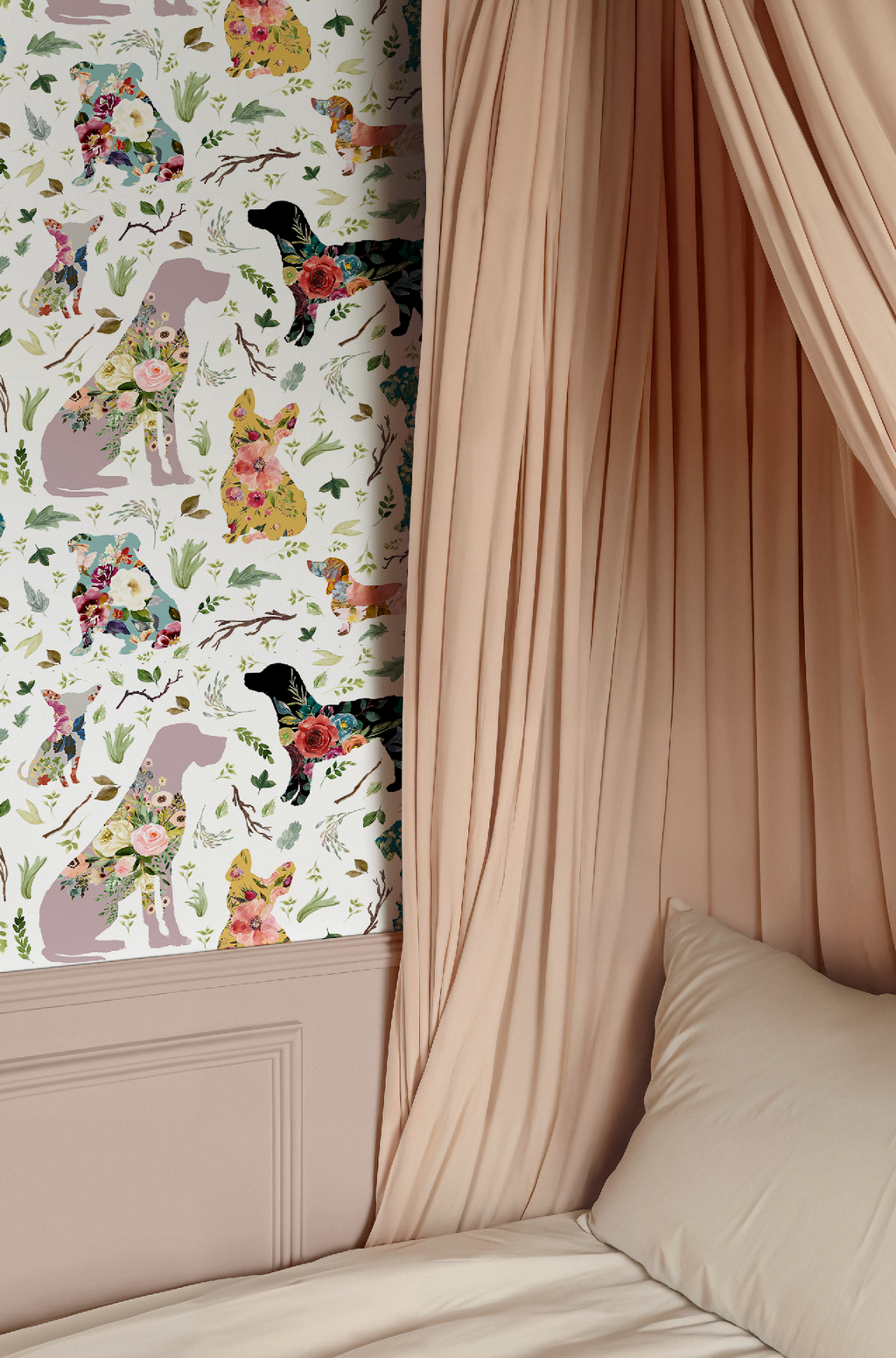 Whimsical Floral Dogs Patchwork Wallpaper