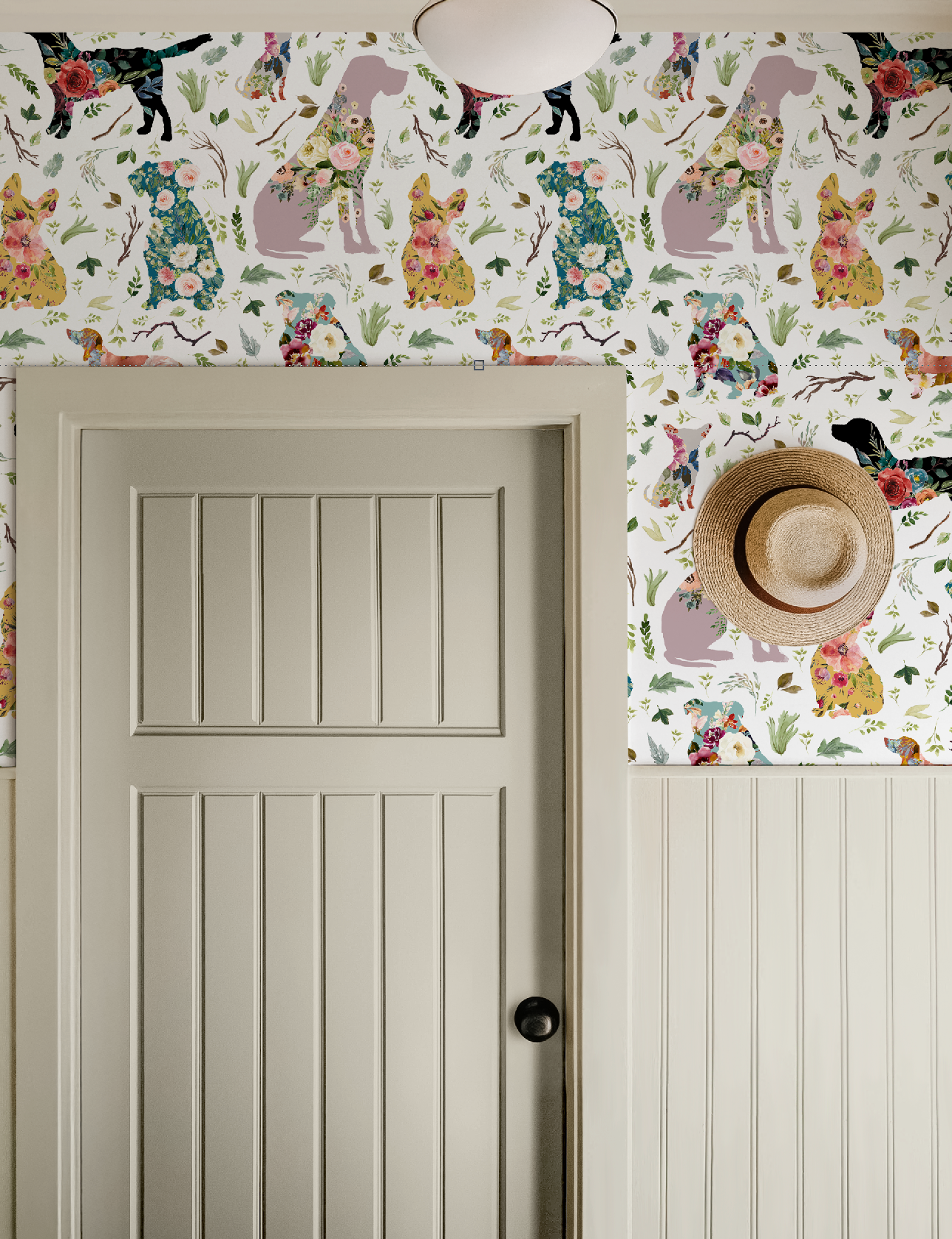 Whimsical Floral Dogs Patchwork Wallpaper