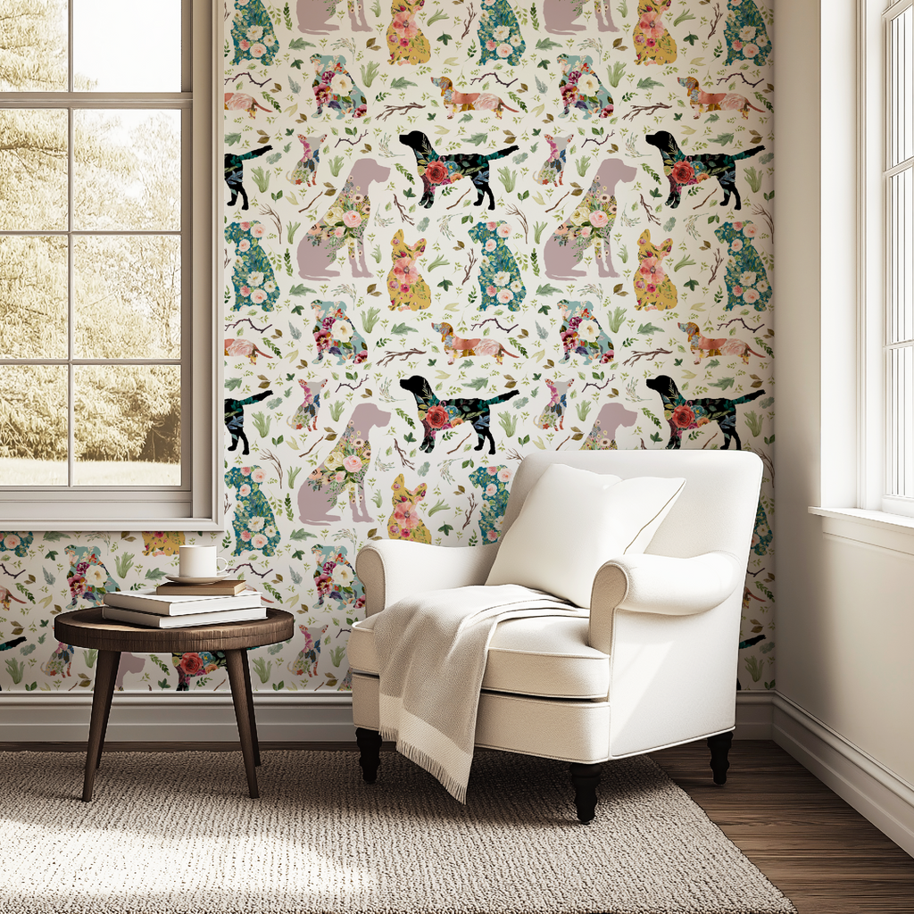 Whimsical Floral Dogs Patchwork Wallpaper