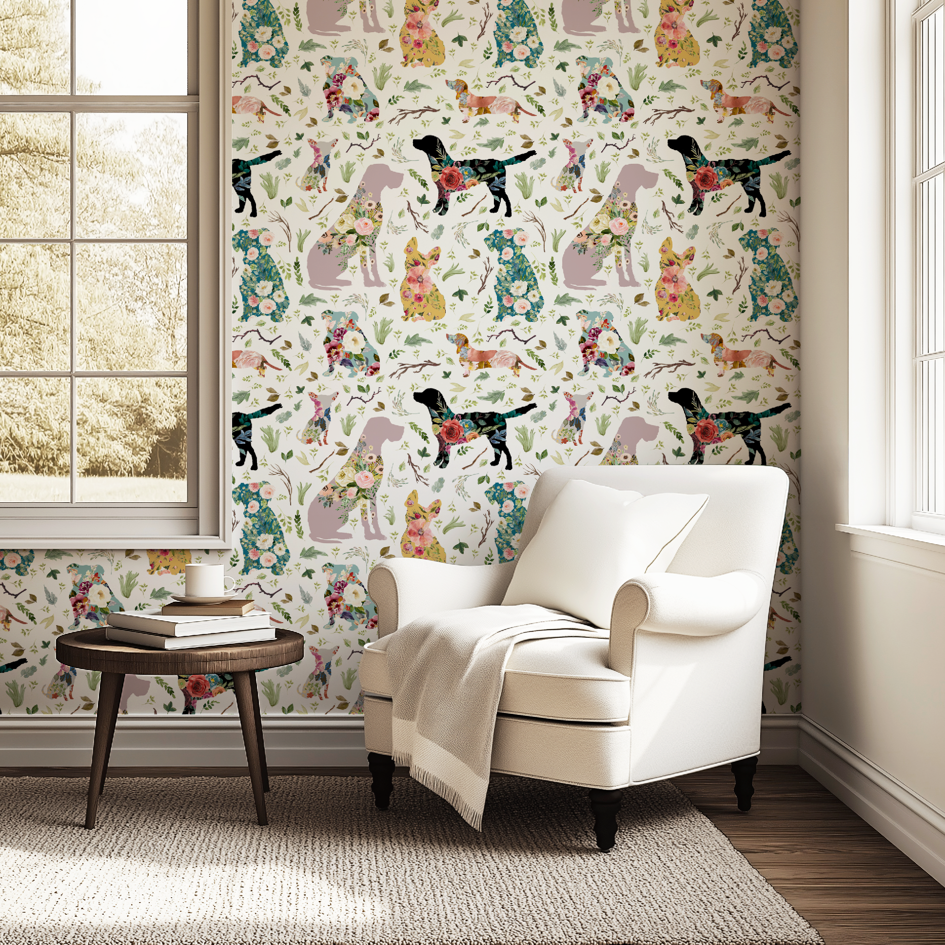 Whimsical Floral Dogs Patchwork Wallpaper