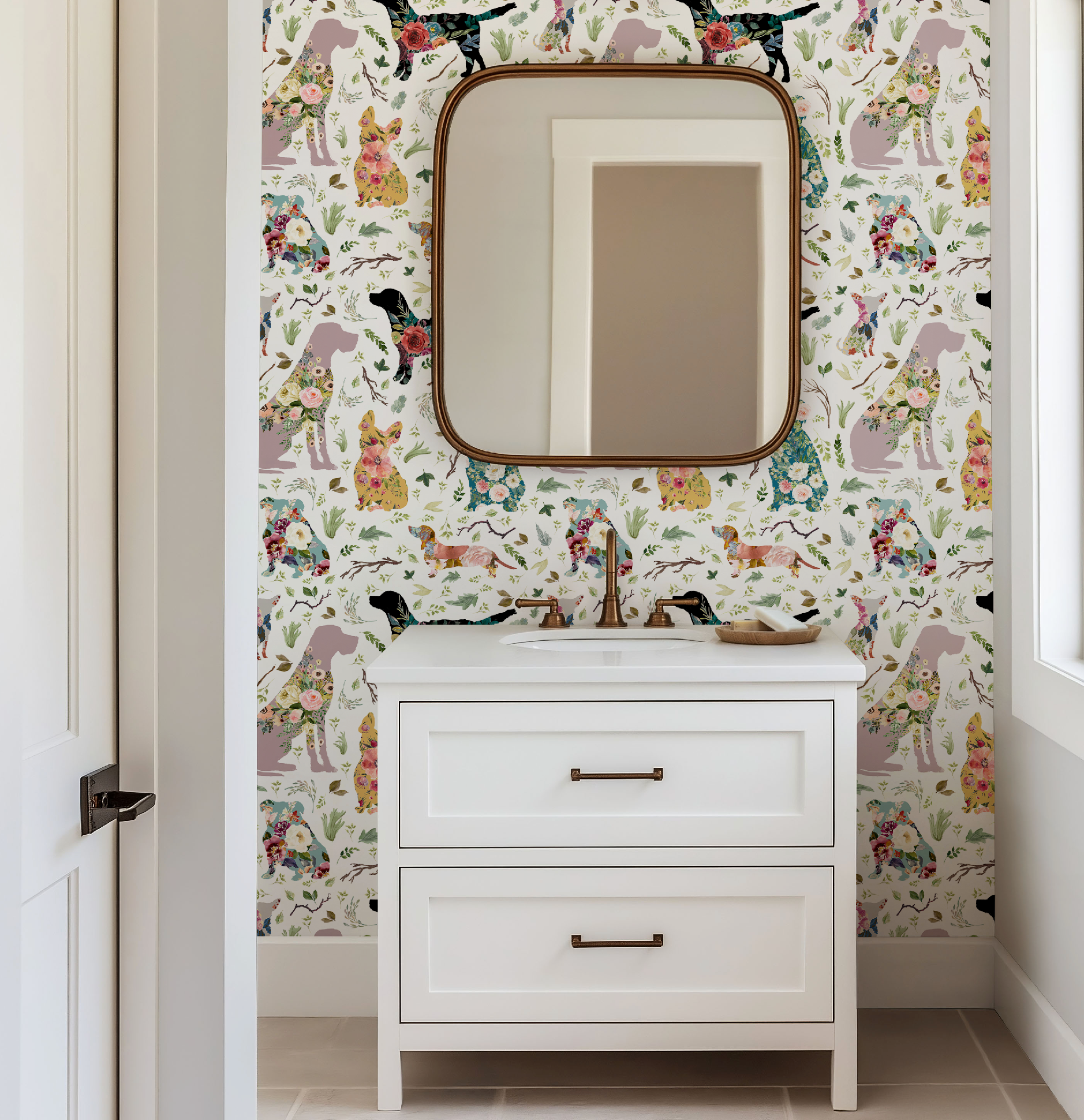 Whimsical Floral Dogs Patchwork Wallpaper