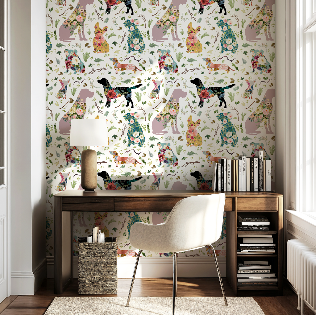 Whimsical Floral Dogs Patchwork Wallpaper