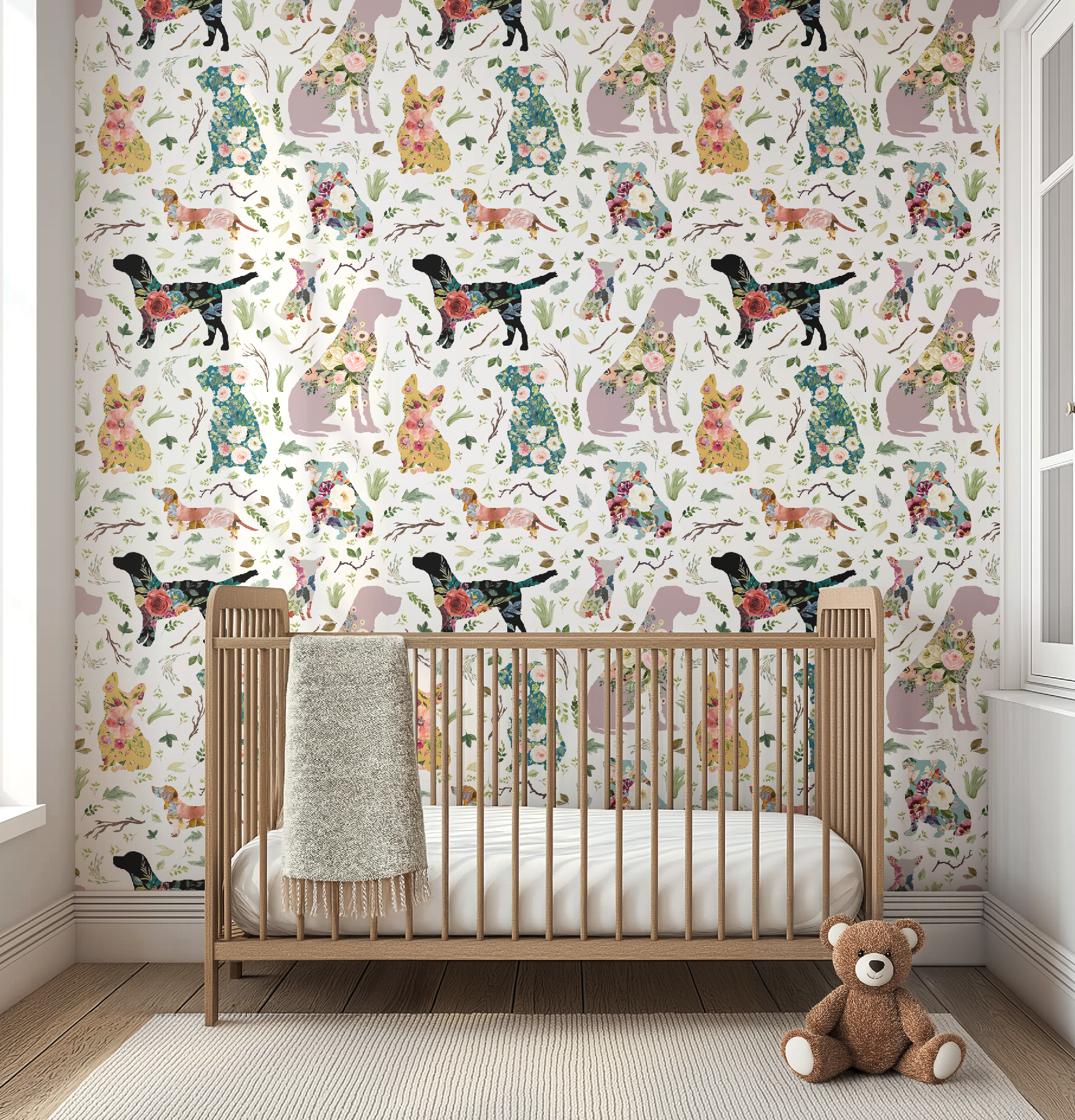 Whimsical Floral Dogs Patchwork Wallpaper