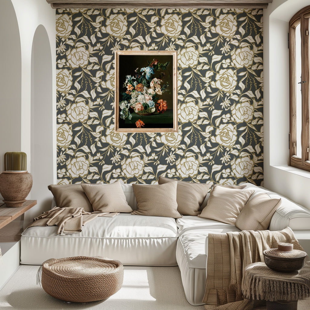 Floral Ink Wallpaper in Dark Gray and Muted Gold