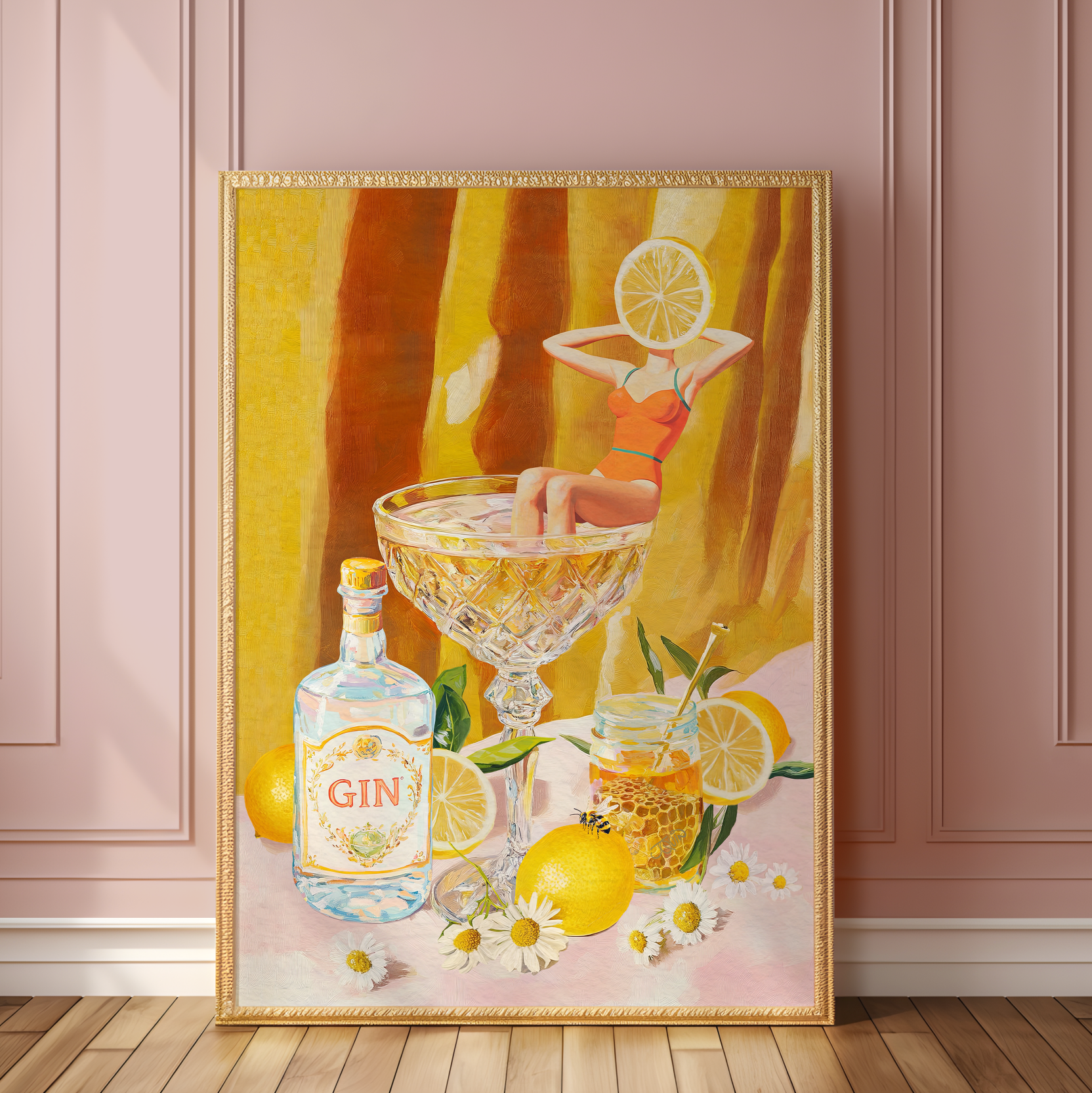 Bees Knees Cocktail Art Print: Vintage Gin Illustration for Preppy Bar & Kitchen Decor