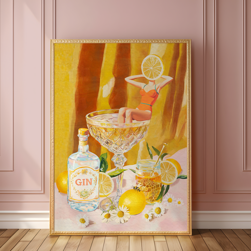 Bees Knees Cocktail Art Print: Vintage Gin Illustration for Preppy Bar & Kitchen Decor