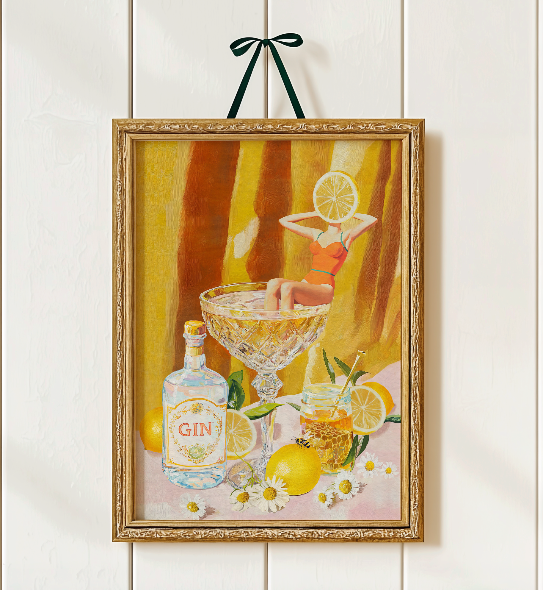 Bees Knees Cocktail Art Print: Vintage Gin Illustration for Preppy Bar & Kitchen Decor