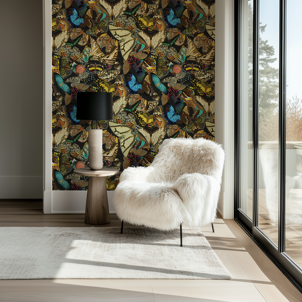 Butterfly Cabinet Noir Wallpaper